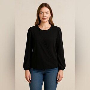 Zara Black Crossover Faux Wrap Balloon Sleeve Top Size Small